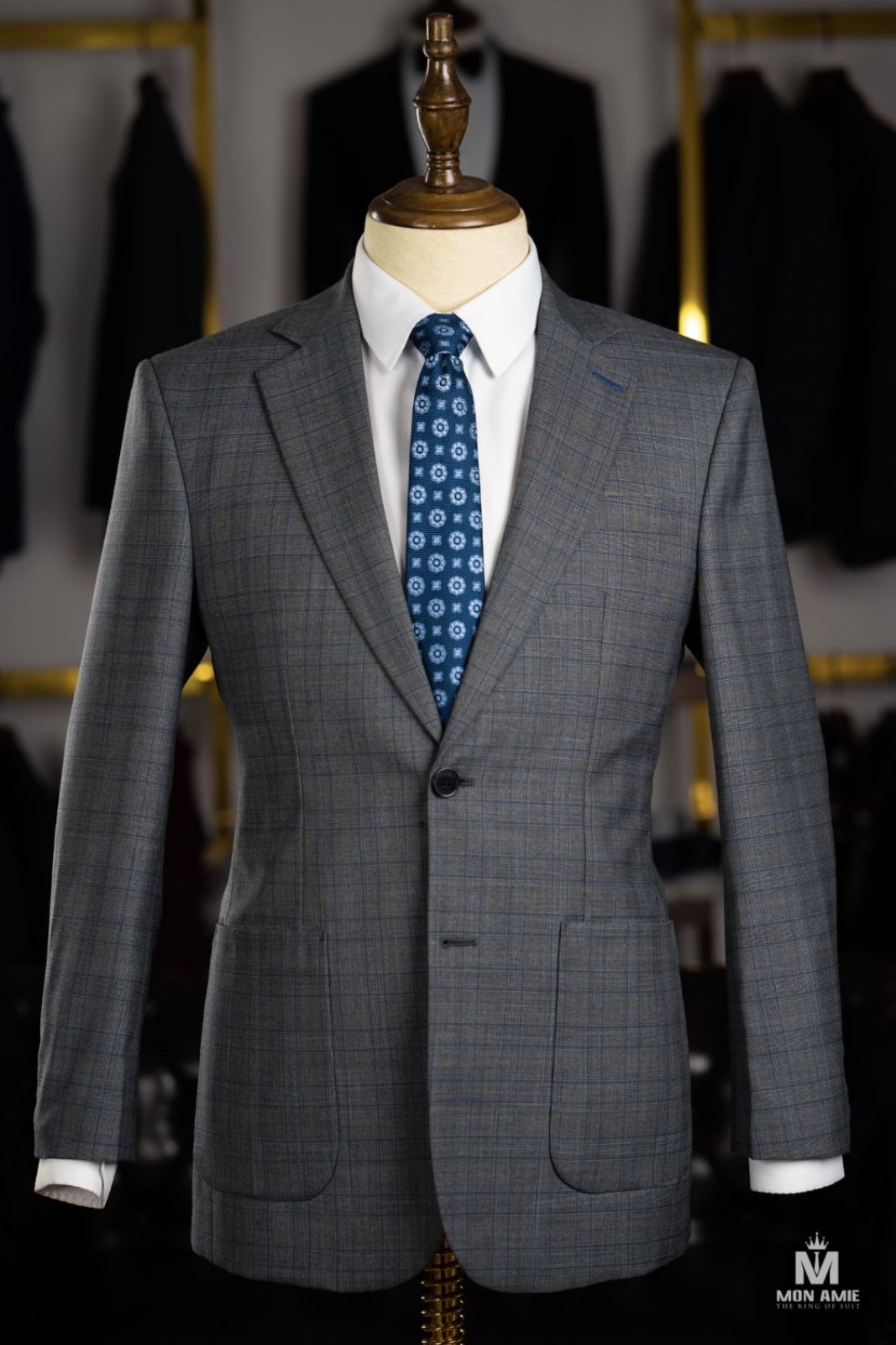 Cobalt Plaid On Grey Suit With Patched Pockets 